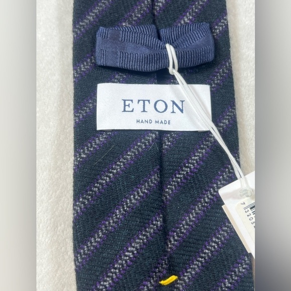 NWT ETON 100% Wool Made in Italy Navy Stripe Slim Classic Tie Lux - Picture 10 of 11